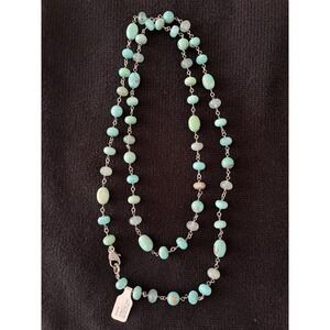 Sheryl Lowe Teal Beaded Aquamarine Diamond Clasp Long Necklace Sterling Silver